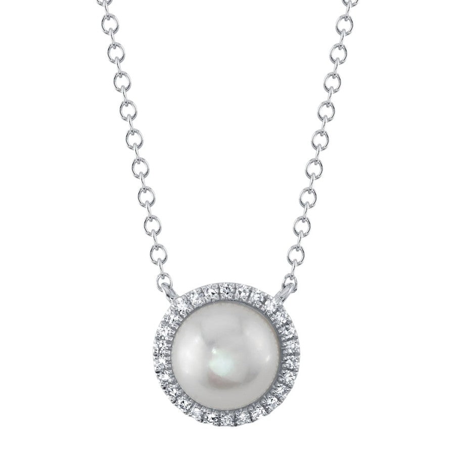 14K White Gold Diamond Pearl Necklace