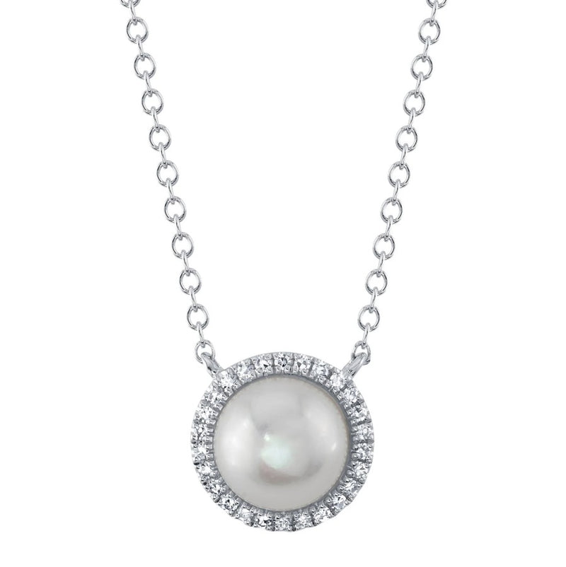 14K White Gold Diamond Pearl Necklace