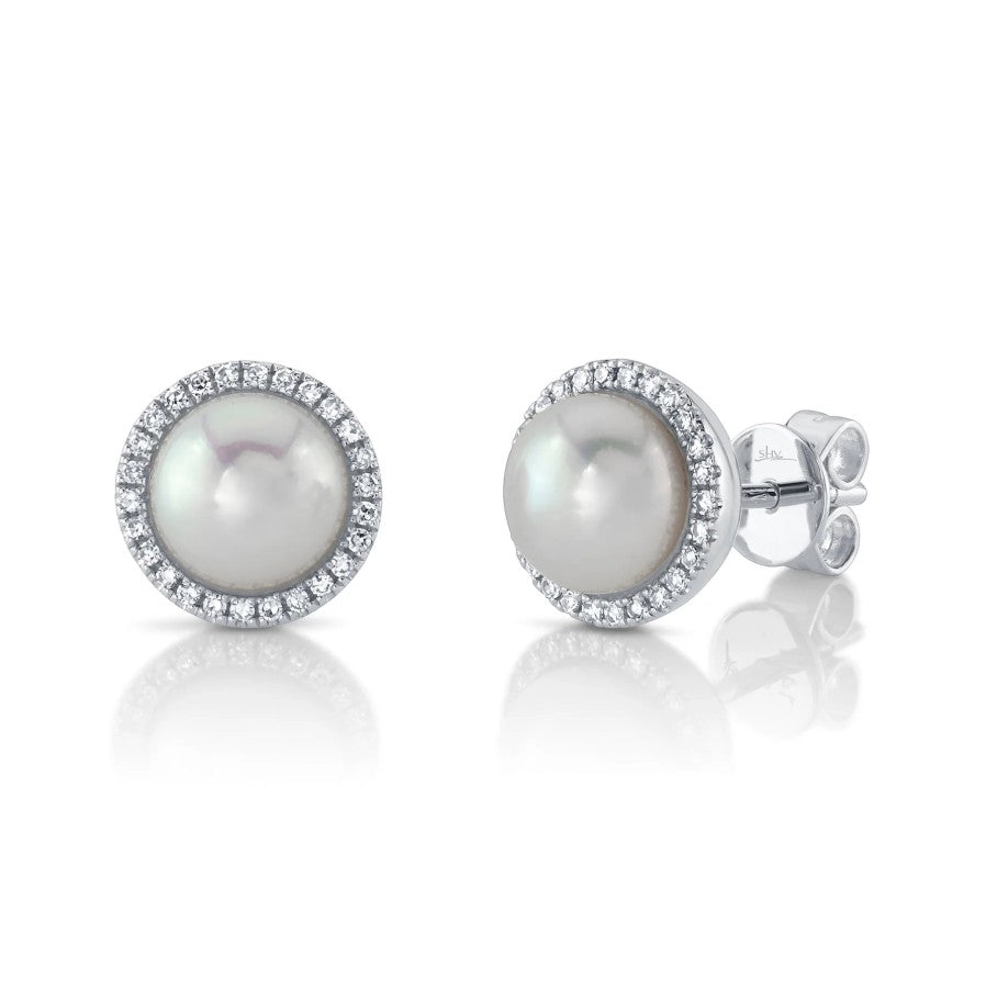 14K White Gold Diamond Halo Pearl Earrings