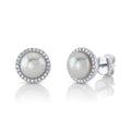 14K White Gold Diamond Halo Pearl Earrings