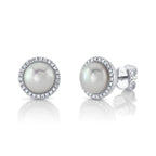 14K White Gold Diamond Halo Pearl Earrings