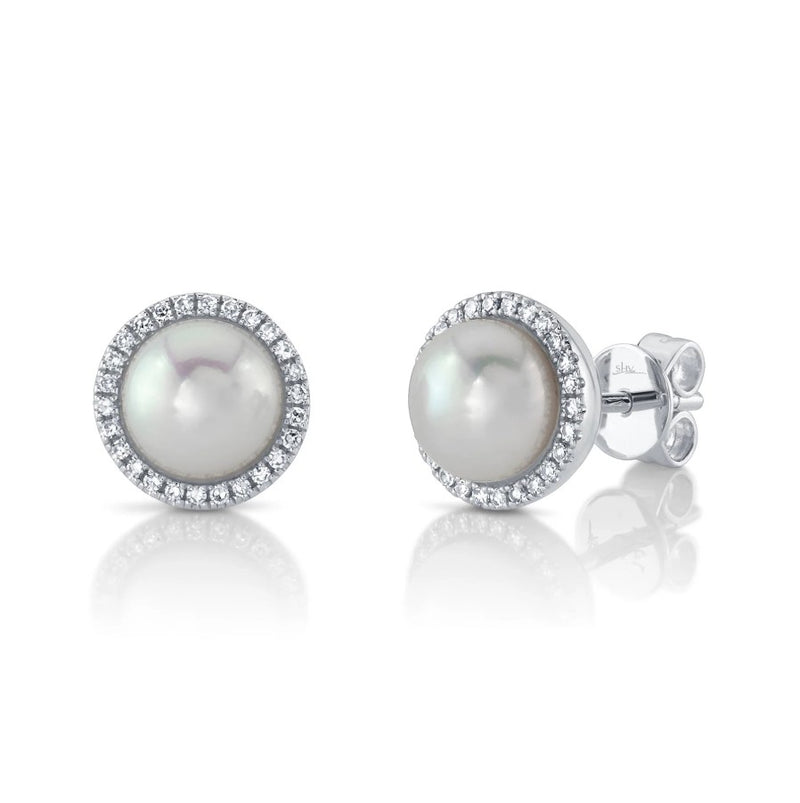 14K White Gold Diamond Halo Pearl Earrings