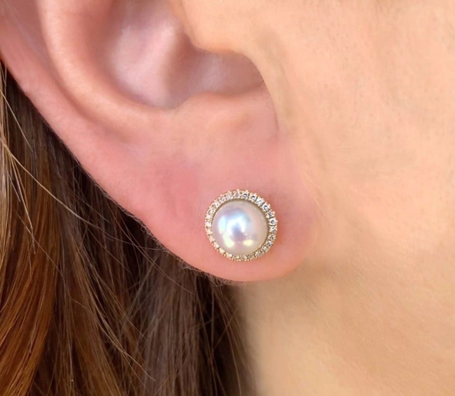 14K White Gold Diamond Halo Pearl Earrings