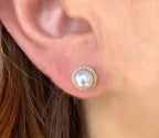 14K White Gold Diamond Halo Pearl Earrings
