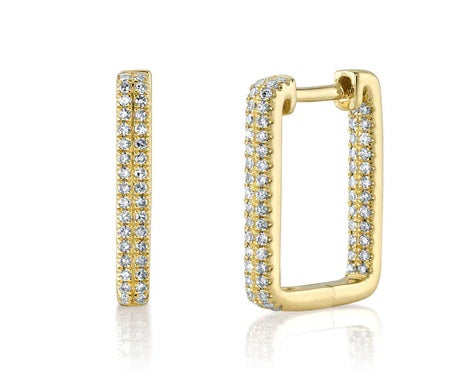 14K Yellow Gold Diamond Rectangle Hoops