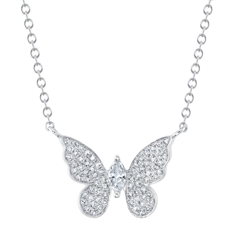 14K White Gold Diamond Butterfly Necklace