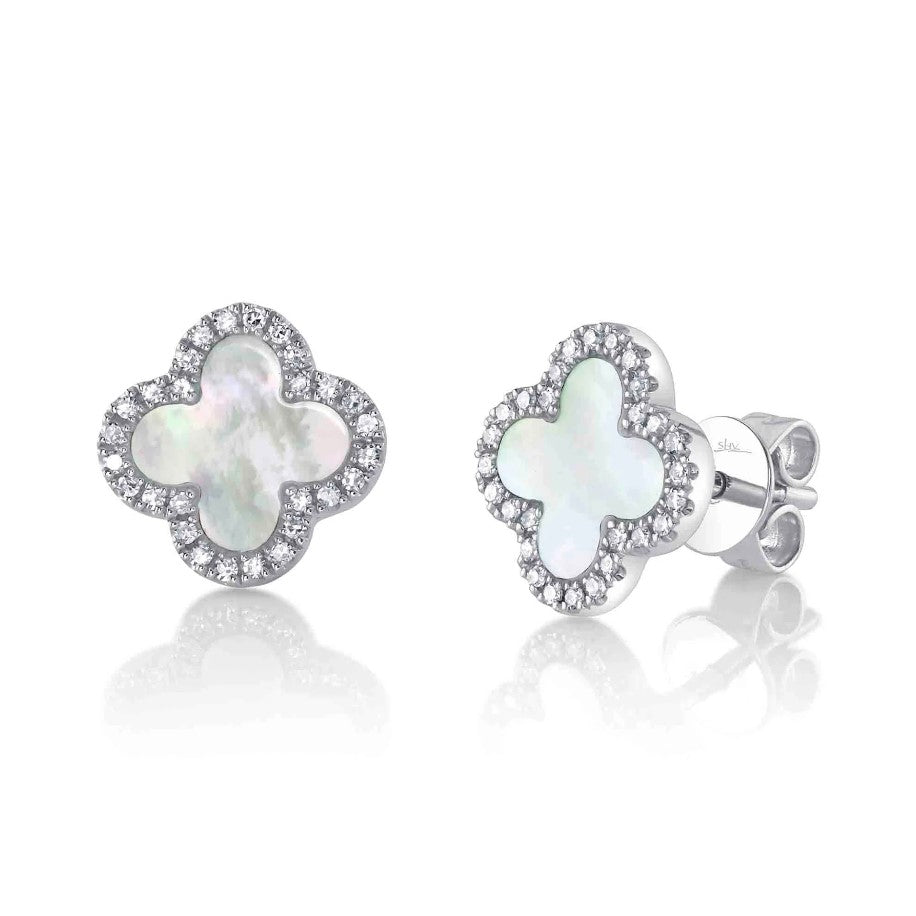 14K White Gold Clover Button Earrings