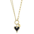 14K Gold Paperclip Black Onyx & Heart Diamond Necklace