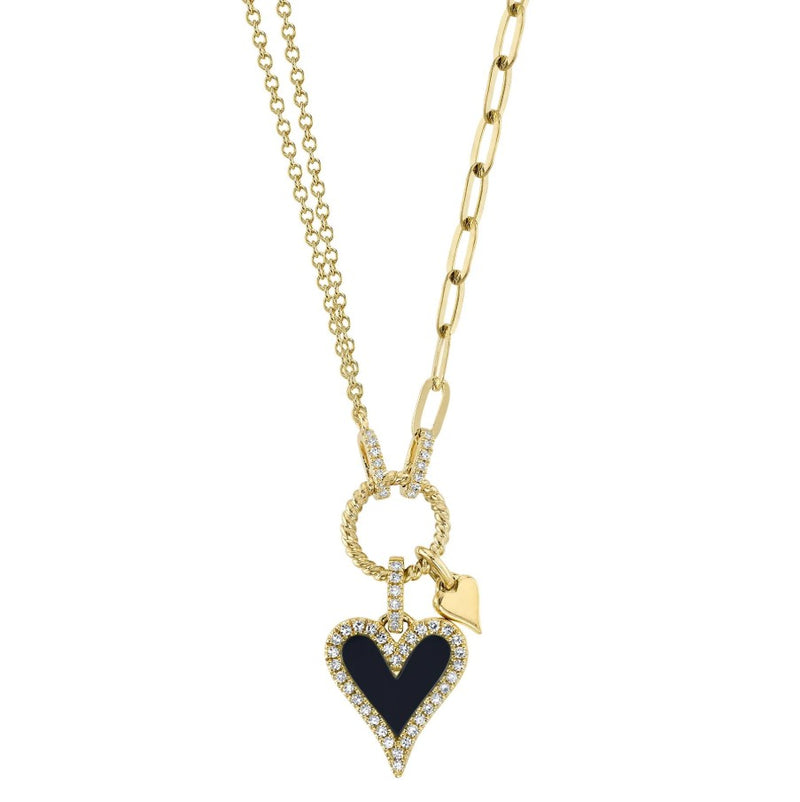 14K Gold Paperclip Black Onyx & Heart Diamond Necklace