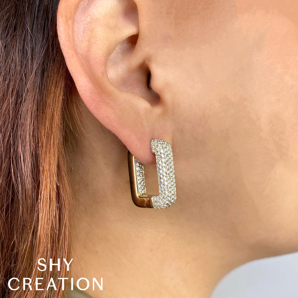 14K White Gold Diamond Pave Rectangular Hoop Earrings