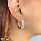 14K White Gold Diamond Pave Rectangular Hoop Earrings