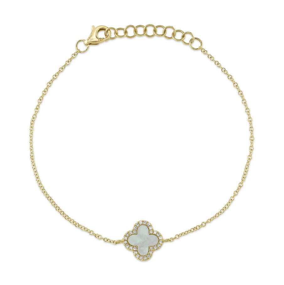 14K Yellow Gold Mother of Pearl & Diamond Clover Bracelet