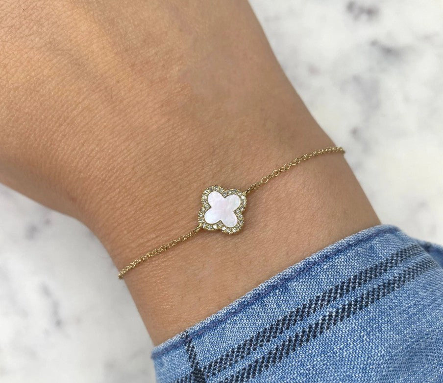 14K Yellow Gold Mother of Pearl & Diamond Clover Bracelet