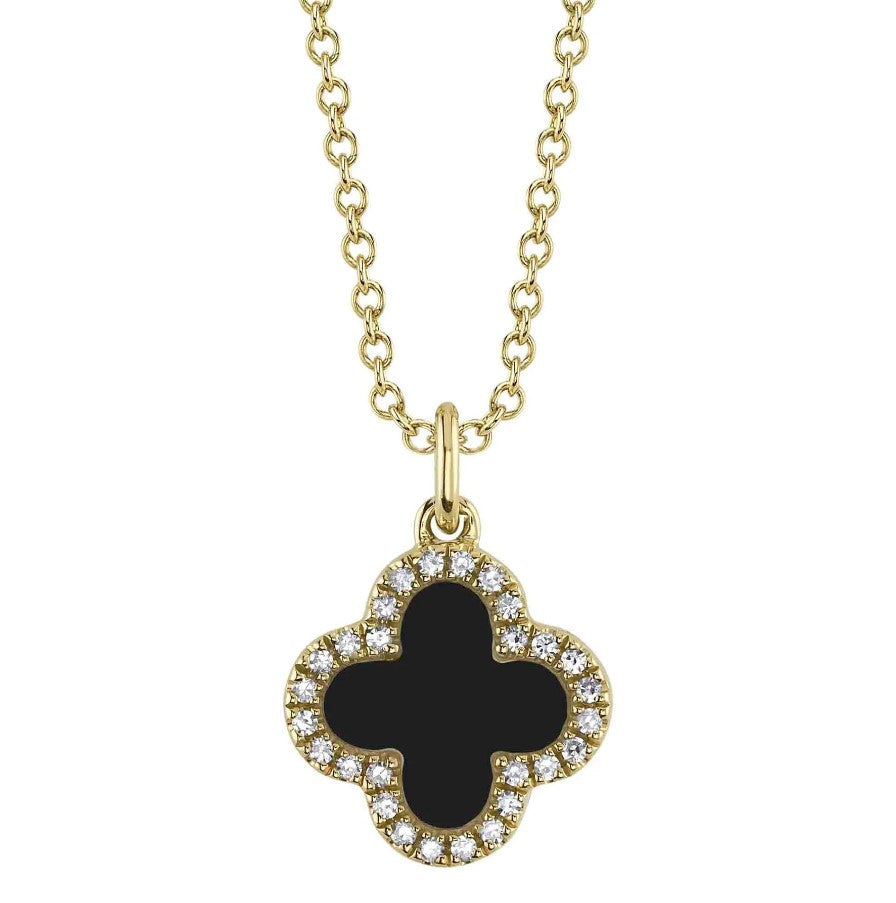 14K Yellow Gold Double Sided Clover Mother of Pearl and Onyx Diamond Necklace