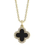 14K Yellow Gold Double Sided Clover Mother of Pearl and Onyx Diamond Necklace