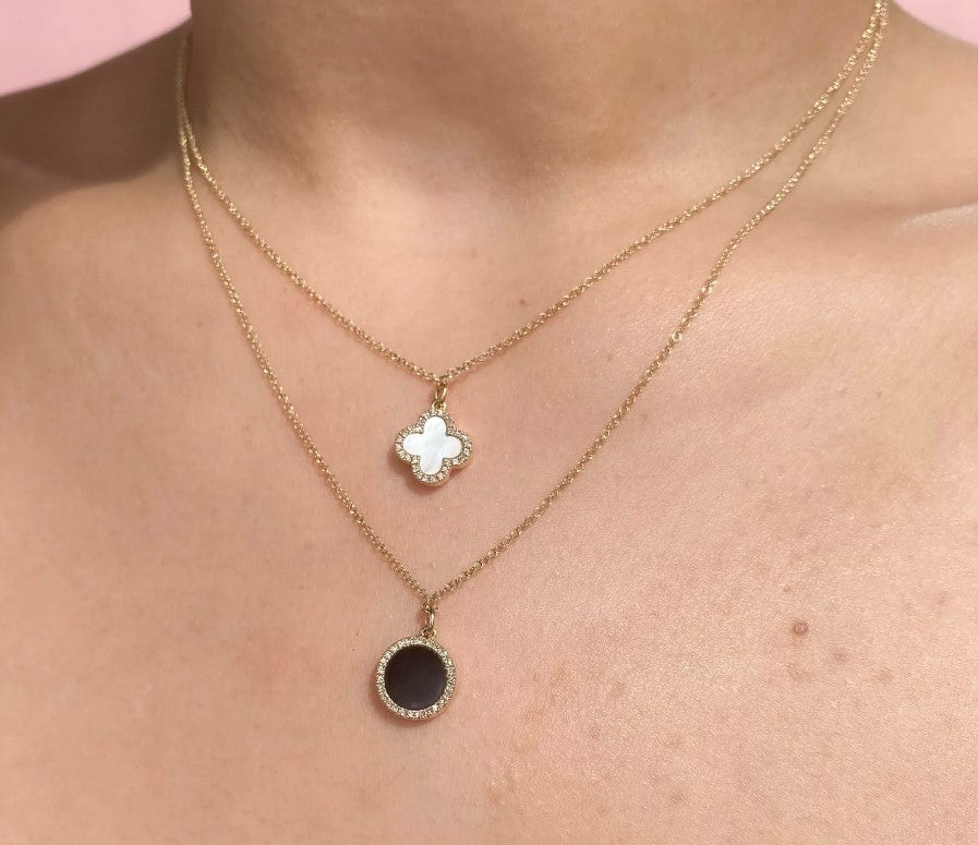 14K Yellow Gold Double Sided Clover Mother of Pearl and Onyx Diamond Necklace