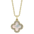 14K Yellow Gold Double Sided Clover Mother of Pearl and Onyx Diamond Necklace