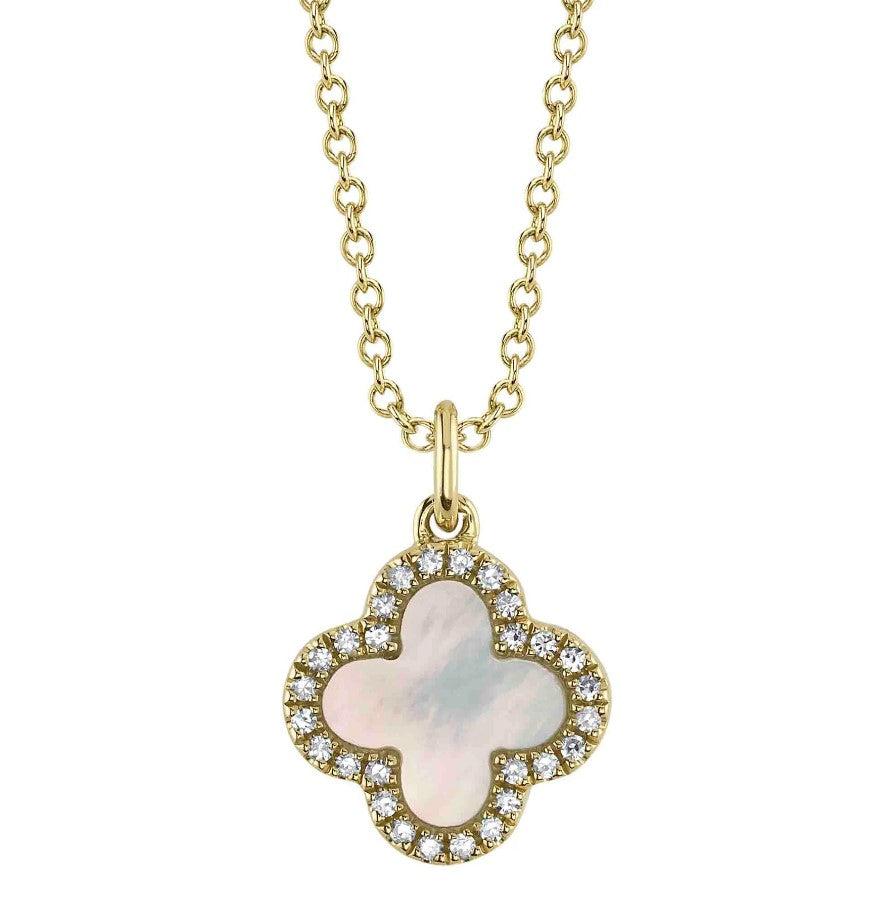 14K Yellow Gold Double Sided Clover Mother of Pearl and Onyx Diamond Necklace