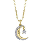 Two Tone 14K Yellow & White Gold Crescent Moon & Star Diamond Necklace