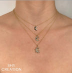 Two Tone 14K Yellow & White Gold Crescent Moon & Star Diamond Necklace