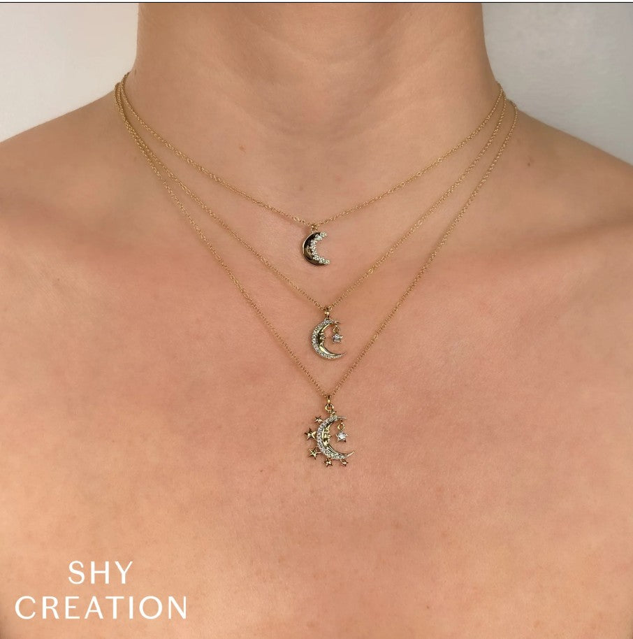 Two Tone 14K Yellow & White Gold Crescent Moon & Star Diamond Necklace