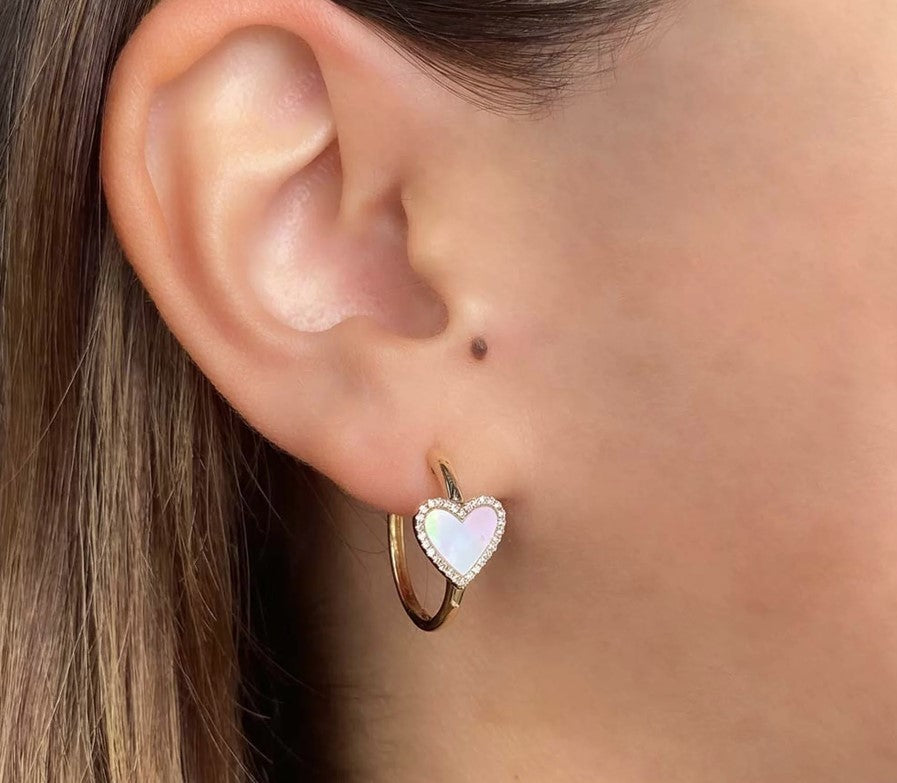 14K Yellow Gold Mother of Pearl Heart Hoop Earrings