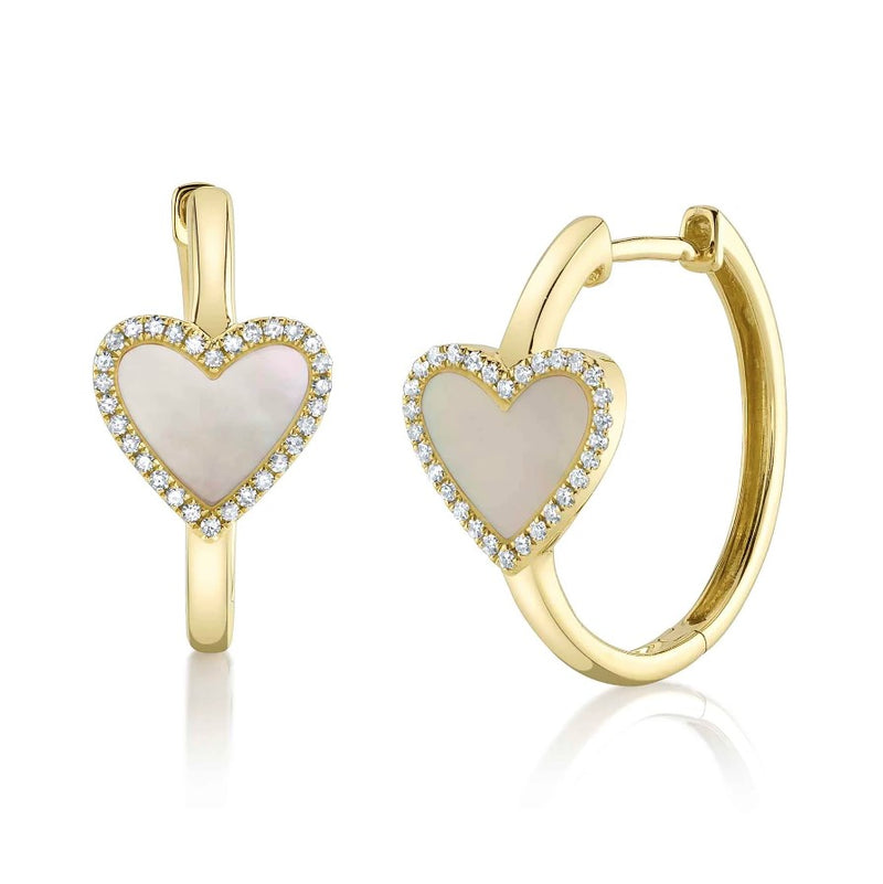 14K Yellow Gold Mother of Pearl Heart Hoop Earrings
