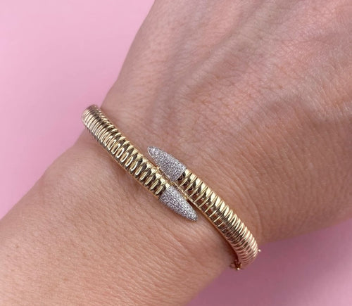 14K Gold Cross Over Diamond Bangle Bracelet