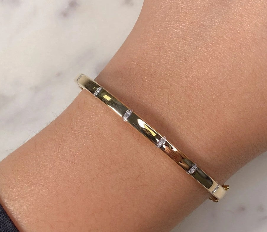 14K Gold Diamond Station Bangle Bracelet