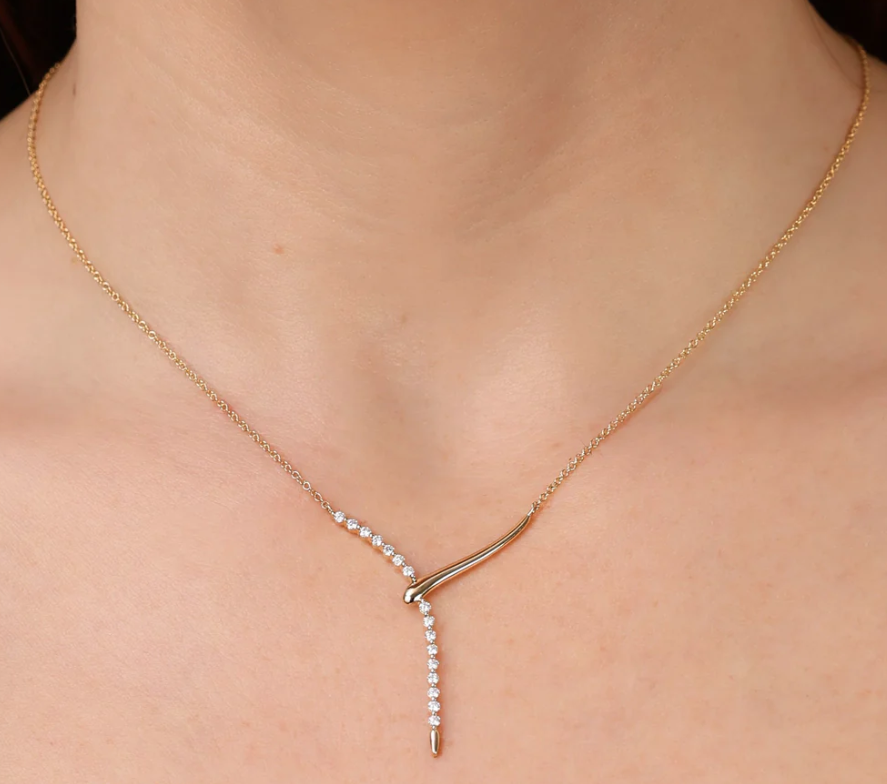 14K Gold Y Drop Round Diamond Necklace