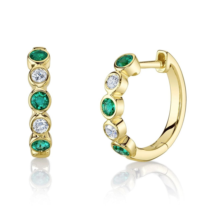 14K Gold Alternating Emerald and Diamond Huggie Hoop Earrings