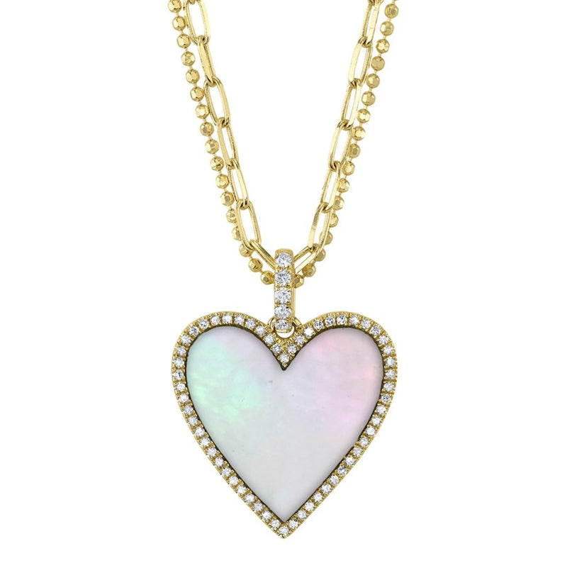 14K Gold Double Chain Mother of Pearl & Diamond Heart Necklace
