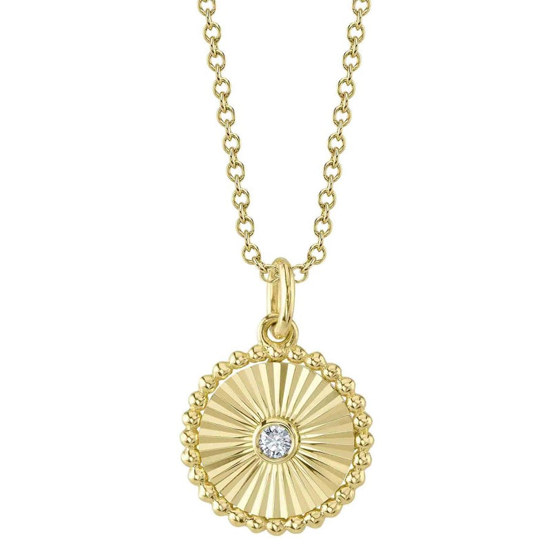 14K Yellow Gold Small Fluted Diamond Medallion Necklace