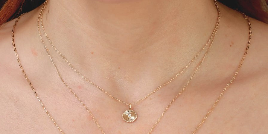 14K Yellow Gold Small Fluted Diamond Medallion Necklace