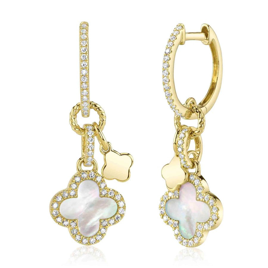 14K Gold Mother of Pearl Clover Dangle Diamond Earrings