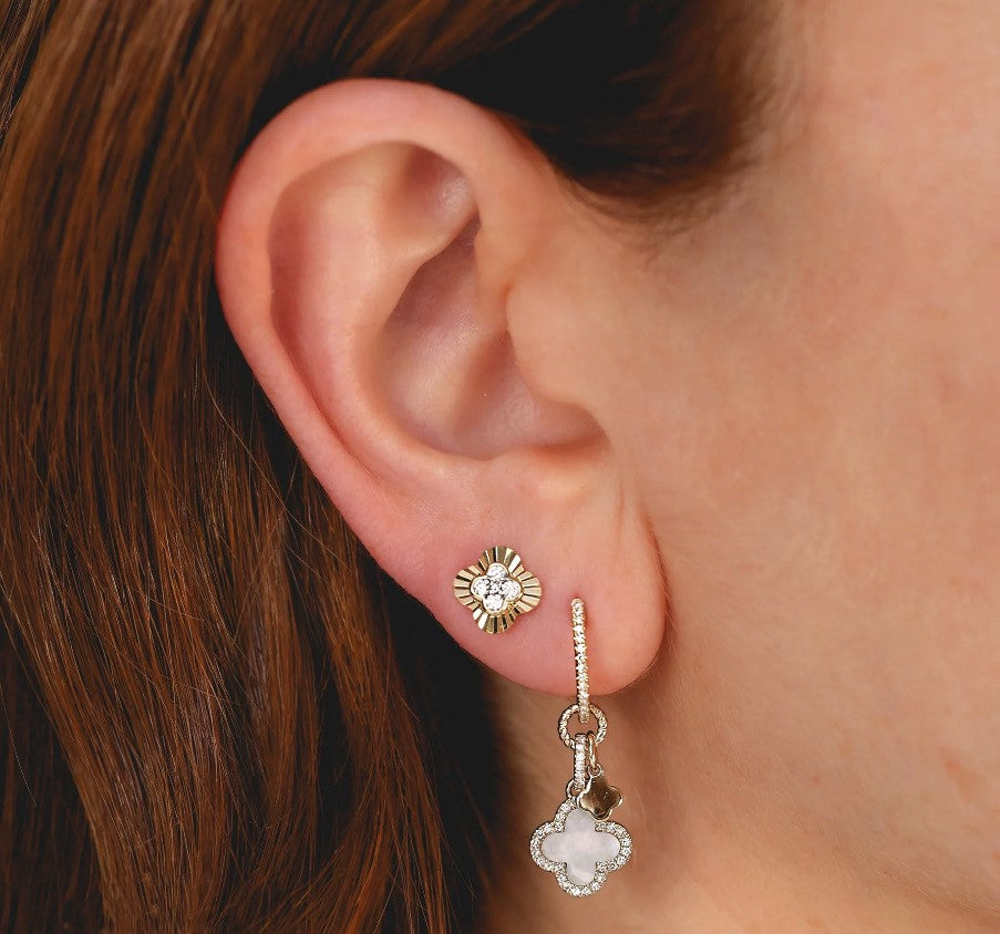 14K Gold Mother of Pearl Clover Dangle Diamond Earrings