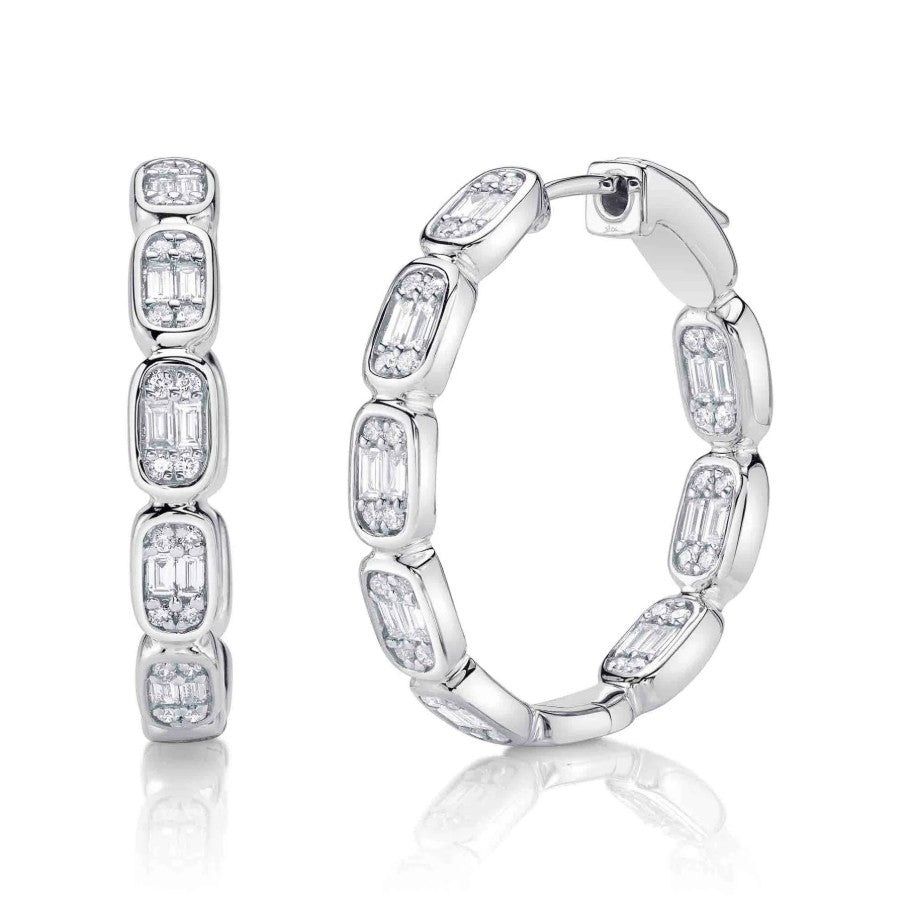 14K White Gold Baguette Hoop Earrings