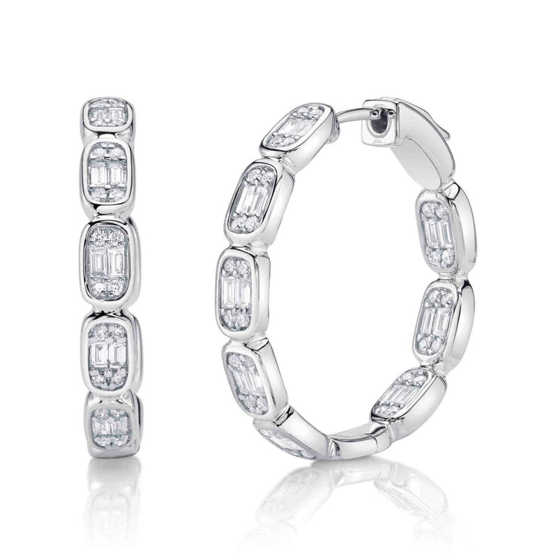 14K White Gold Baguette Hoop Earrings