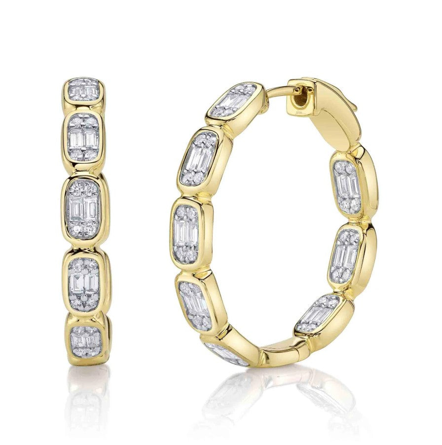 14K Gold Diamond Baguette Hoop Earrings
