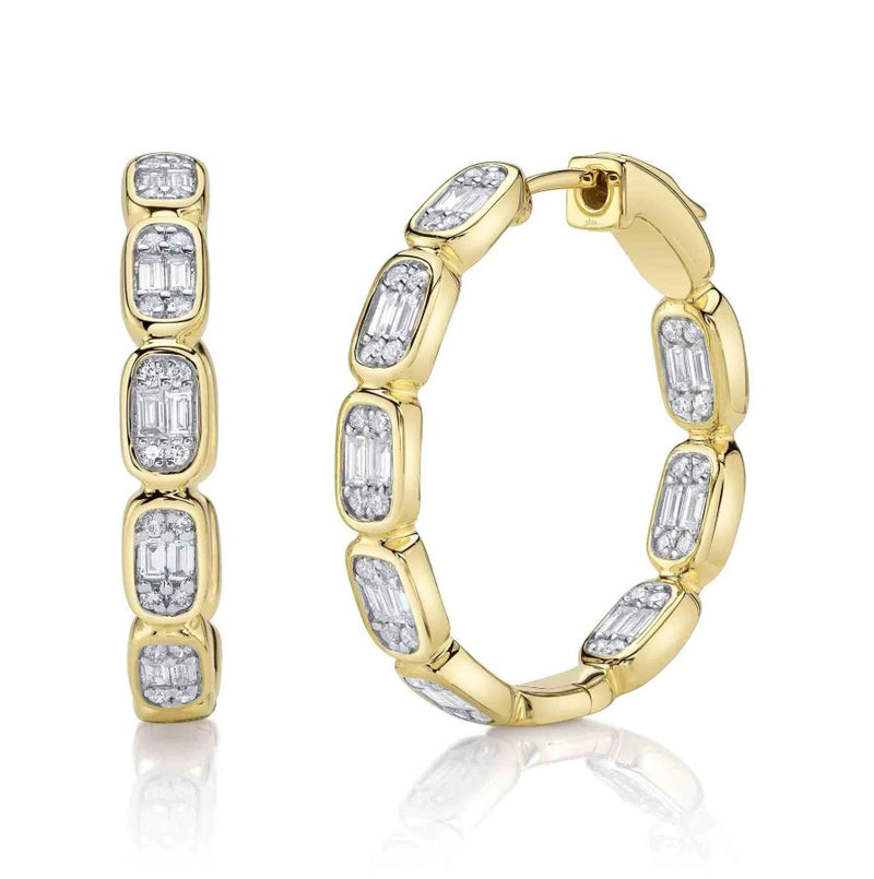 14K Gold Diamond Baguette Hoop Earrings