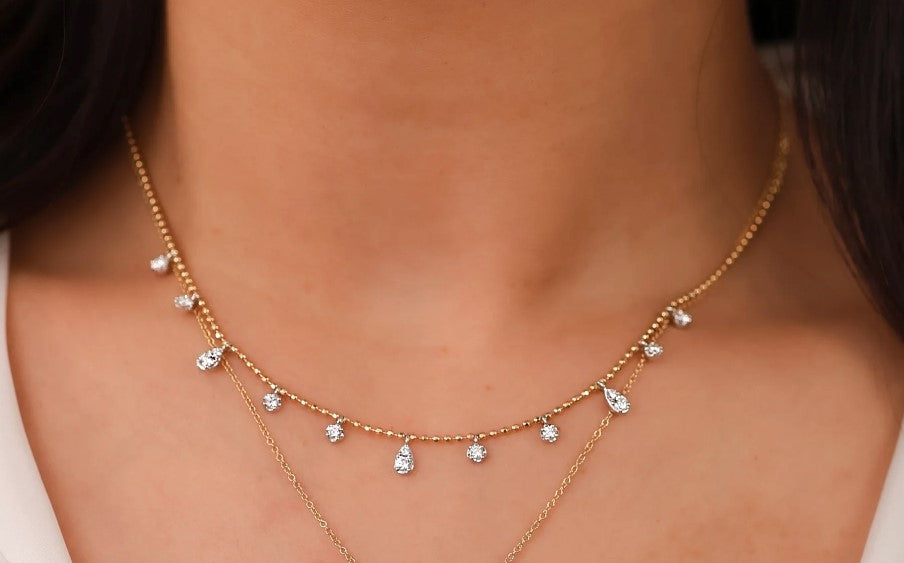 14K Yellow & White Gold Station Dangle Diamond Necklace