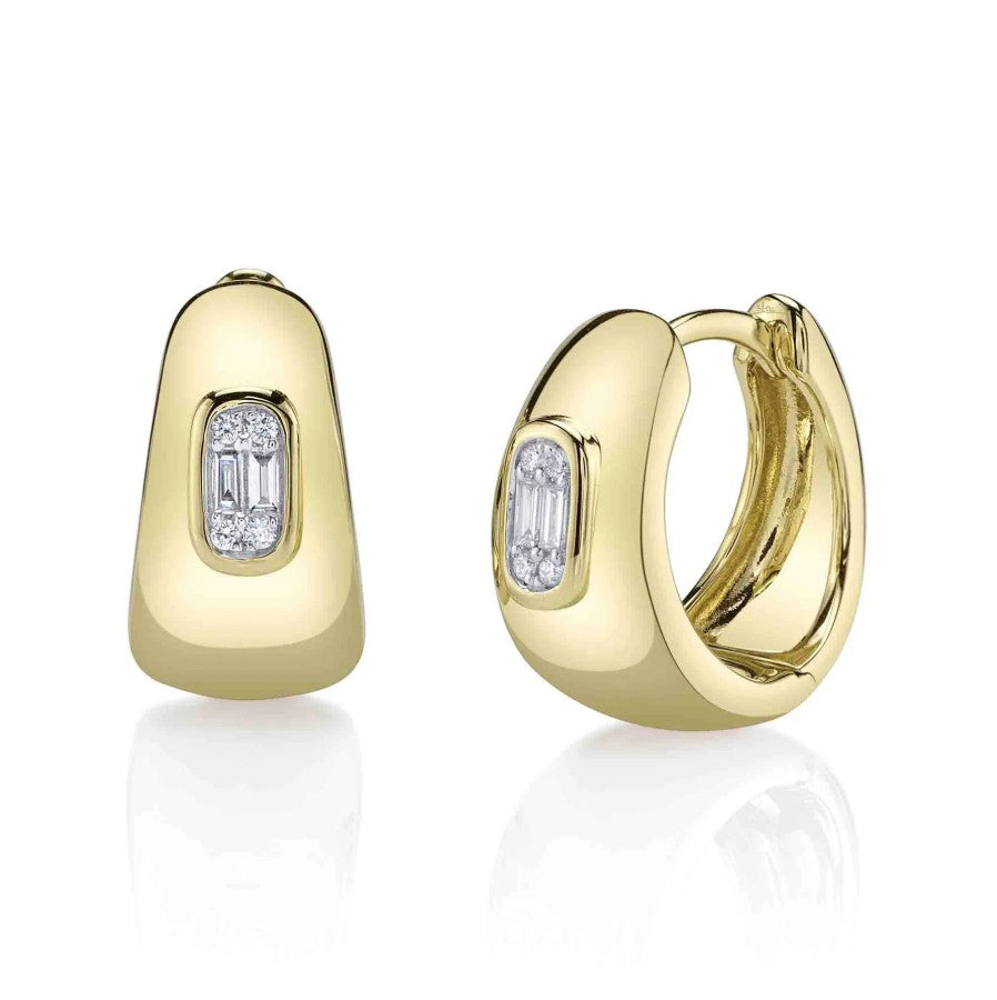 14K Gold Diamond Baguette Huggie Hoop Earrings