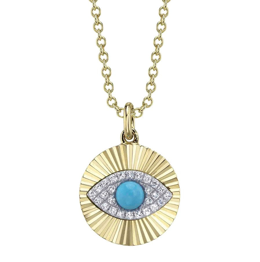 14K Gold Fluted Pave Diamond Eye Necklace
