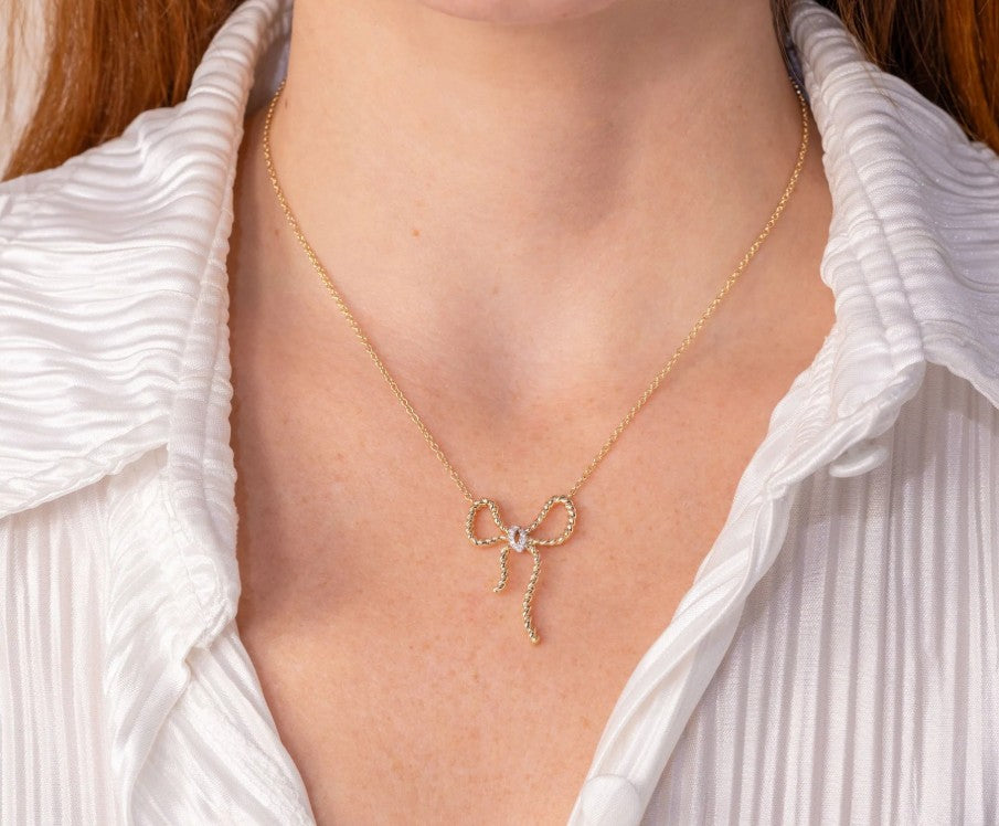 14K Yellow Gold Diamond Bow Necklace
