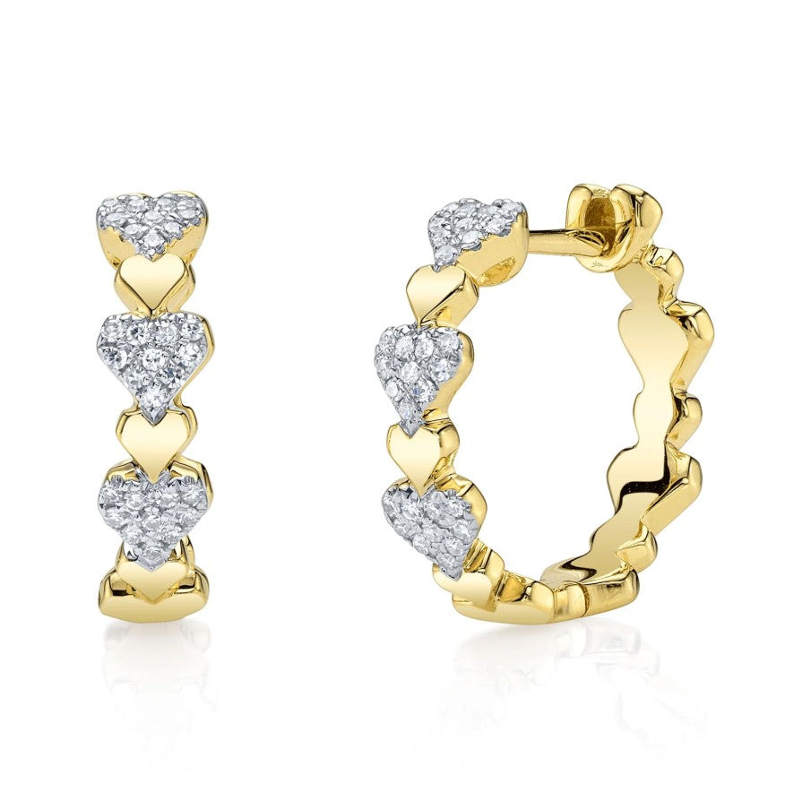 14K Yellow Gold Diamond Heart Huggie Earrings