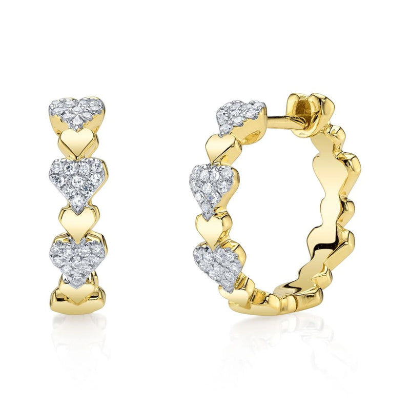 14K Yellow Gold Diamond Heart Huggie Earrings