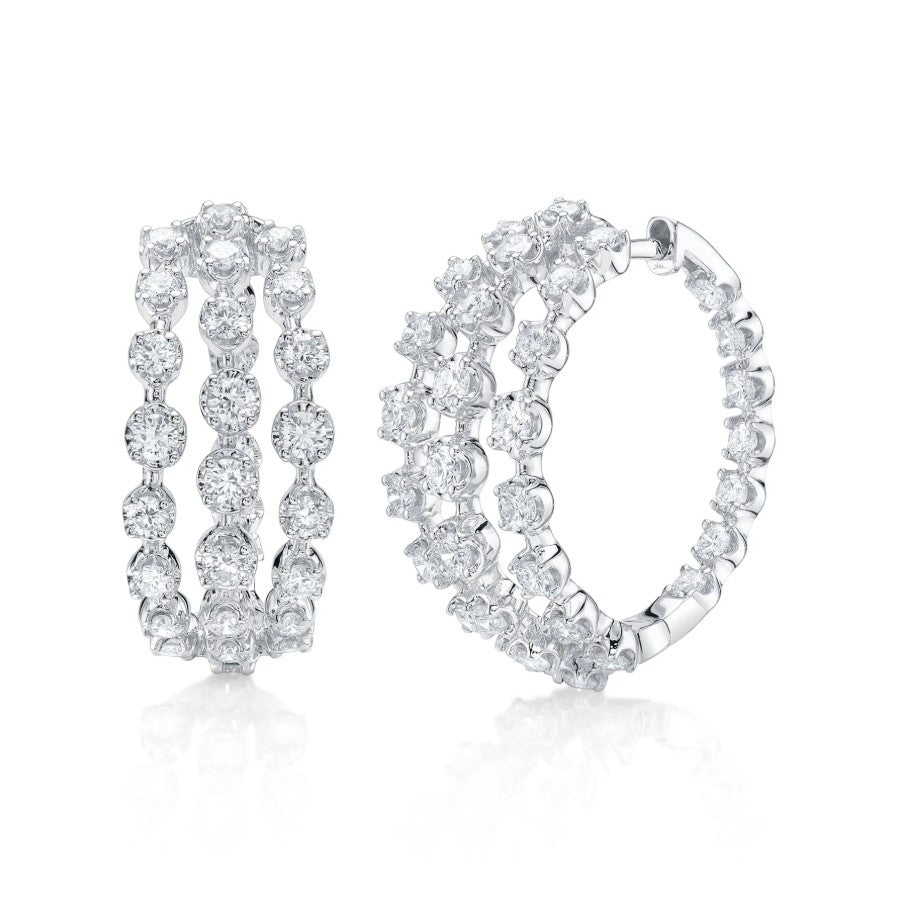 14K White Gold Gold Crown Set Graduated Diamond Hoop Earrings