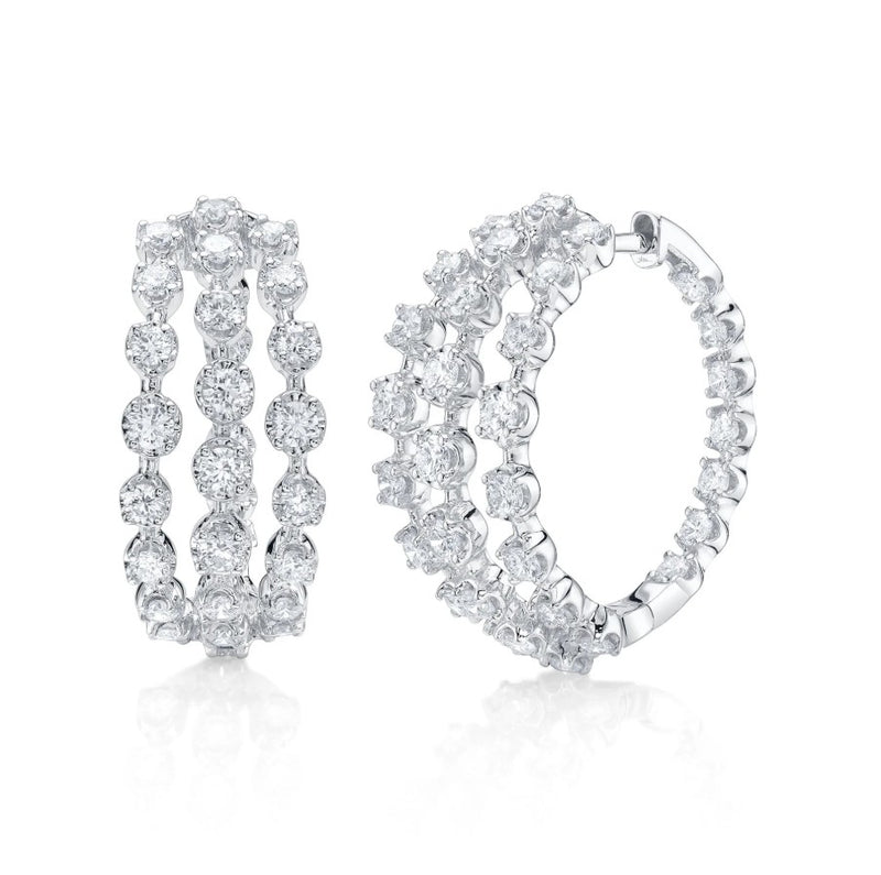 14K White Gold Gold Crown Set Graduated Diamond Hoop Earrings