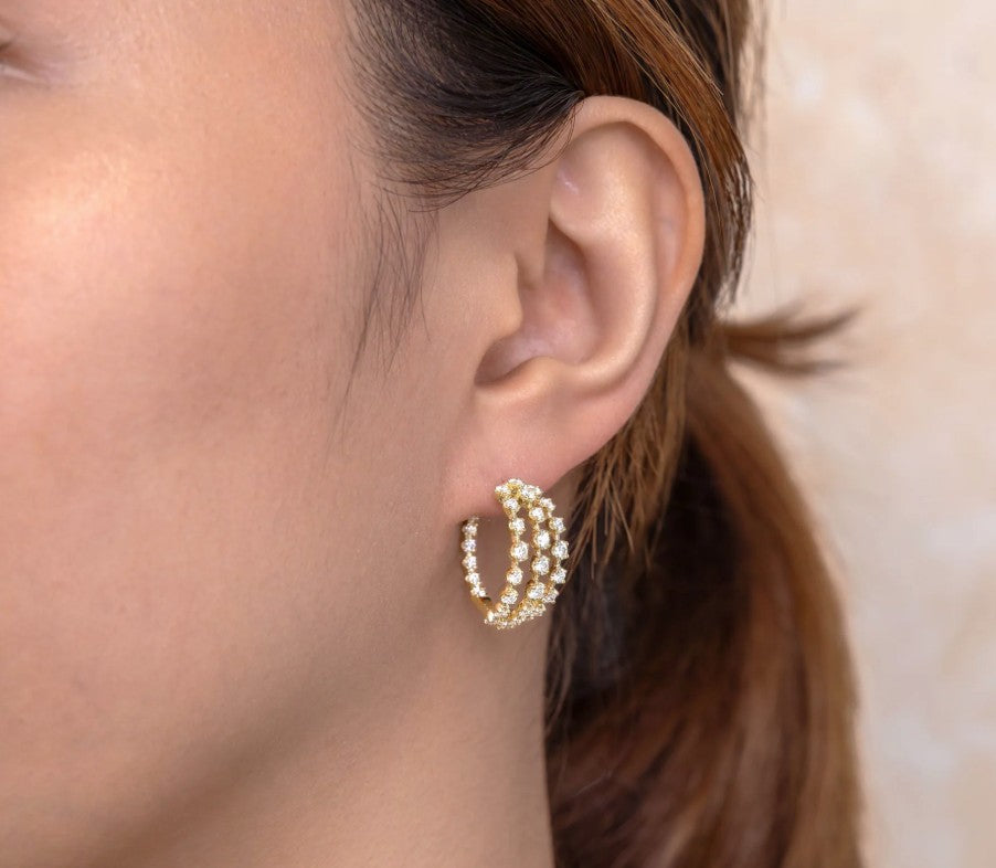 14K White Gold Gold Crown Set Graduated Diamond Hoop Earrings
