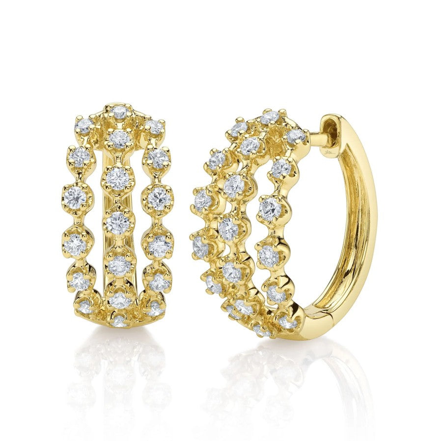 14K Yellow Gold Crown Set Diamond Hoop Earrings